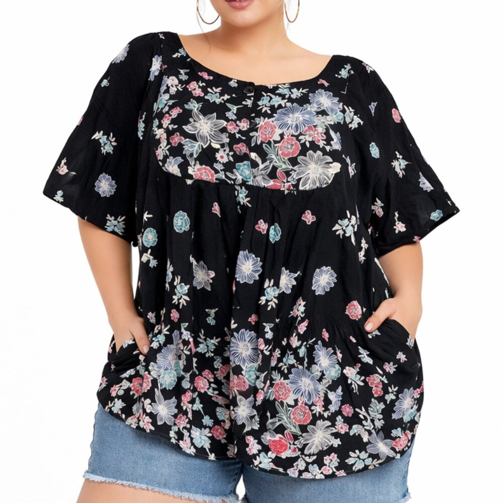 Dreams Co Floral Tunic Blouse 5X Black Boho Babydoll Peasant Festival Top Plus